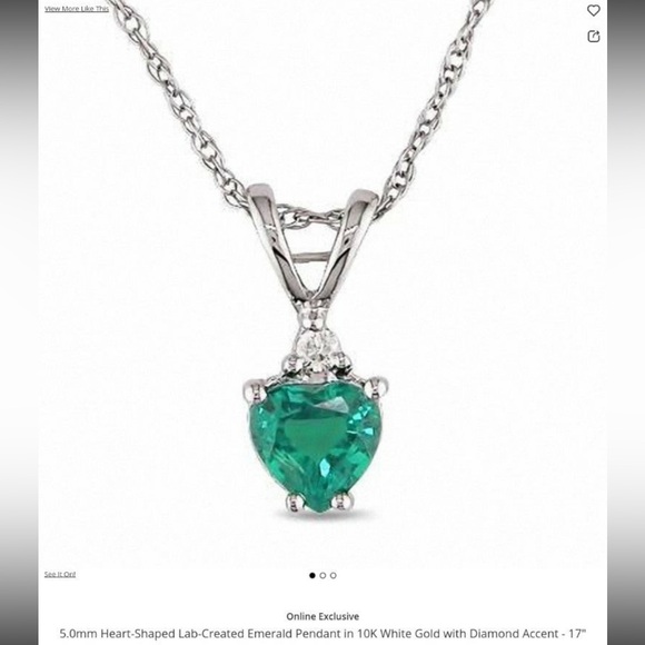10K Solid White Gold Heart Emerald Diamond Necklace - Picture 7 of 12